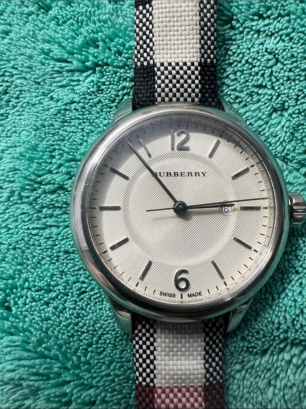 Burberry Silver Case Watch with White Dial and Black-White Check Strap - Picture 1 of 6
